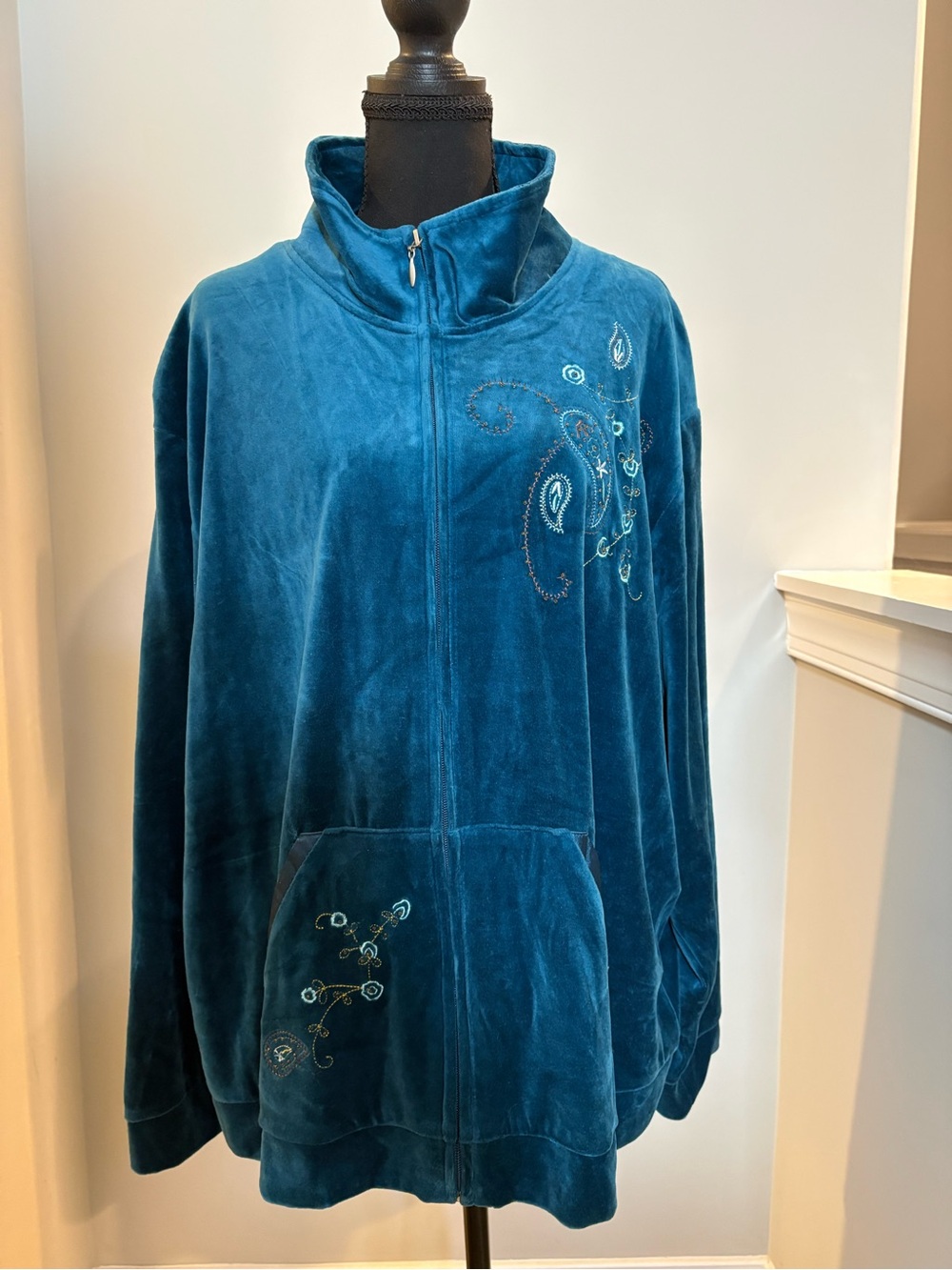 VTG Jane Ashley Blue Velour Beaded Paisley Zip Up Track Jacket Plus Size 2X
